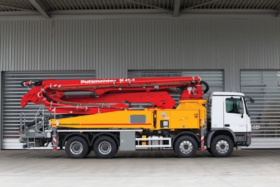 Redesigned boom and hydraulic system can keep Putzmeister's 42-meter pump truck under 66,000 lbs. GVW, and makes the boom more responsive to control inputs. (Unit shown here is the European model. North American 42Z will be mounted to domestic carriers.)
