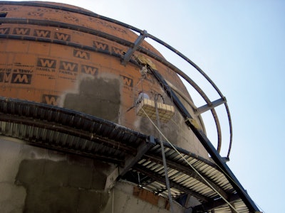 The Thom-Katt TK 20 high-pressure shotcrete/concrete pump was used to place wet-process shotcrete on the exterior of the Mexican Soccer Hall of Fame.