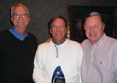 (From left to right): Jeff Elliott, president of Johnson Crushers International, Inc. (KPI-JCI) with Tony Caldwell, regional sales manager for KPI-JCI and Astec Mobile Screens, and Steve Schetky, sales director for the western region for Kolberg-Pioneer, Inc. (KPI-JCI). Caldwell was awarded the top salesperson of the year award in January 2012.