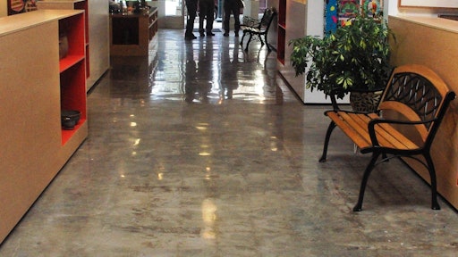 Concrete polishing contractor Sustainable Flooring Solutions of Vancouver, Wash., used a seven-step polishing sequence on the 80-year-old concrete slab at the Valley Art Association Gallery in Forest Grove, Ore. Project size: 4,000 square feet. Key products and equipment: HTC grinder, SASA Company abrasives, Lythic Solutions densifier.