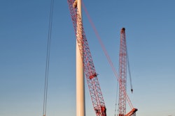 Helping to erect 193 wind turbines on the the Rolling Hills Wind Project are three Manitowoc 16000 crawler cranes with wind attachments, two 14000s, two 888s and two 2250s, plus several Grove rough-terrain cranes.