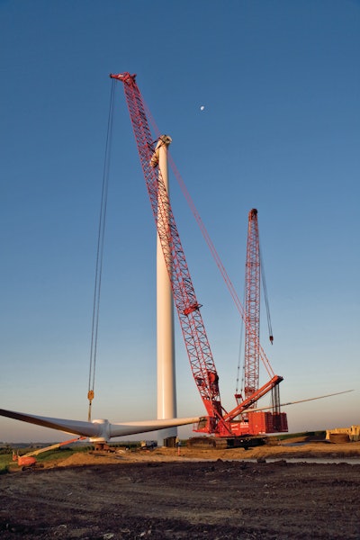 Helping to erect 193 wind turbines on the the Rolling Hills Wind Project are three Manitowoc 16000 crawler cranes with wind attachments, two 14000s, two 888s and two 2250s, plus several Grove rough-terrain cranes.