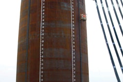 The Octakong is set up to drive one of the 72-ft.-diameter, 550-US ton steel piles measuring 130 ft. in length.