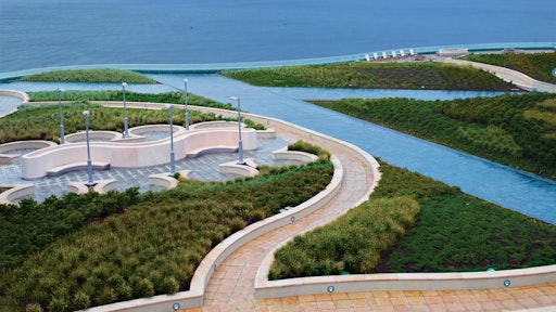 A concrete “river” flows throughout a 6th floor garden and into the Atlantic Ocean at Revel Casino in New Jersey.