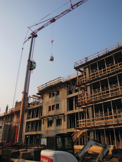 The Potain HDT 80 is a 6.6 USt capacity self-erecting crane with a 147.6-ft. working radius, 112.2-ft. maximum hook height, a telescoping mast and 10 different jib configurations.