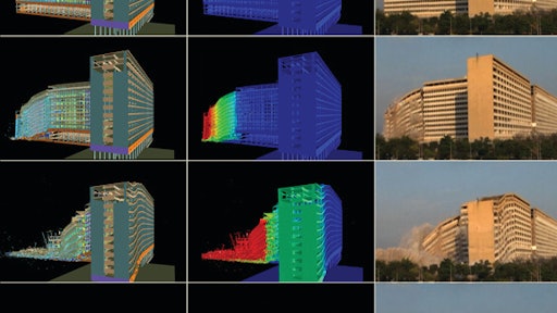 Images compare the predictive simulation of the actual demolition. The simulation/analysis was done prior to the demolition.