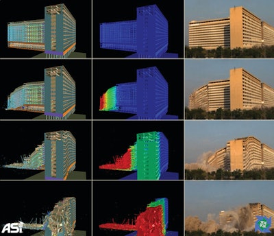 Images compare the predictive simulation of the actual demolition. The simulation/analysis was done prior to the demolition.
