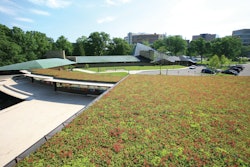 The new LiveRoof green roof is shown here with the original Meeting House in the background.