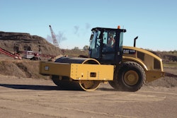 Caterpillar's CS78B soil roller, at about 21 tons, is the largest of the new B Series soil compactors. Added weight and vibration amplitude increase compaction effort, and electronic control of the dual-pump propel system improves operator control of rolling patterns.
