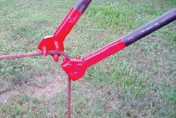 This device for field bending reinforcing bars is more sophisticated than the steel pipe, but offers better control of the bend diameter.