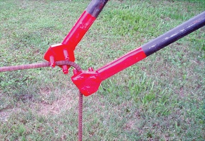 This device for field bending reinforcing bars is more sophisticated than the steel pipe, but offers better control of the bend diameter.