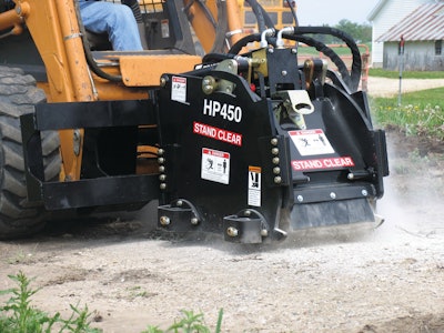 Cold planers, such as this Bradco unit, are used for asphalt and concrete pothole and frost heave repair, curb cutting, pavement texturing and the removal of traffic lane stripes and roadway around manholes.