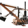 This 1:10 scale working model of the Otis Shovel patented in 1839 features a swinging boom, extending and retracting dipper stick, rolling wheels, and operational levers, gears, drums and bucket trip.