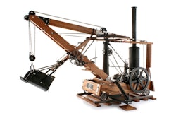 This 1:10 scale working model of the Otis Shovel patented in 1839 features a swinging boom, extending and retracting dipper stick, rolling wheels, and operational levers, gears, drums and bucket trip.