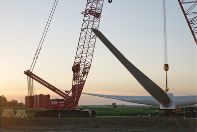 Dawes Rigging & Crane Rental used nine cranes to erect 193 wind turbines at Iowa's largest wind farm