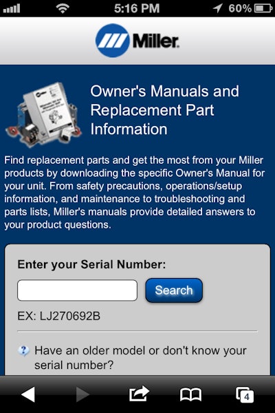 Smartphone users can now access Miller Electric's owner's manuals on their smartphone using the company's new mobile website.
