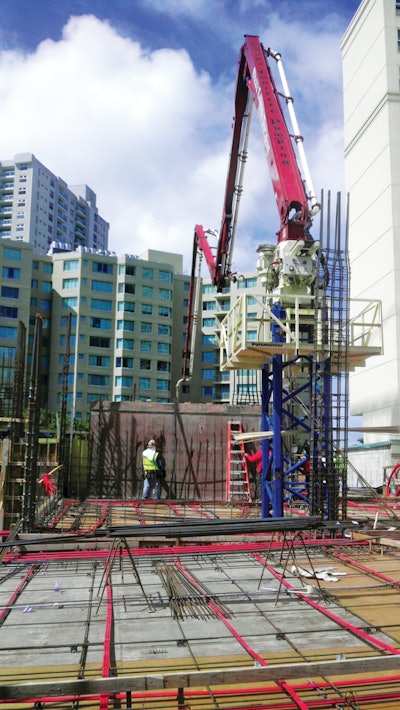 The hydraulic self-climbing configuration eliminates expensive crane time by raising the placing boom and its tower using lift cylinders and the boom's hydraulics.