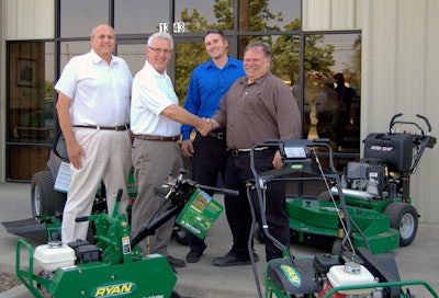 Schiller welcomes Billiou’s Inc. as distribution partner for the BOB-CAT & Ryan brands. From left to right: Wayne Stimson (controller, Billiou’s), Bertil Albing (sales mgr, Schiller), Justin Billiou (operations mgr) and John Billiou (president).