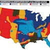 Map of the U.S. featuring general hardness of the aggregate in that geographical location. Areas in red (California, Arizona, etc.) are granite, slate, traprock, basalt and quartzite. Areas in brown (Louisiana, Mississippi, etc.) are hard chert, quartz, flint rock and hard river rock. Areas in dark blue (Wisconsin, Indiana, etc.) are pit gravel, limestone and dolomite. Areas in light blue (Kansas, Missouri, etc.) are soft limestone, sandstone, dolomite limestone, siliceous and soft shell. Areas in yellow (New Mexico, Colorado, etc.) are medium hard river gravel, medium traprock, decomposed granite and medium crushed gravel.
