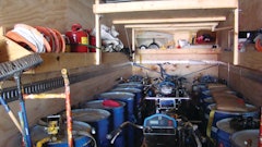 Each box truck is outfitted the same with enough equipment and material to work twotor three weeks on the road.