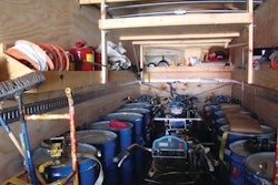 Each box truck is outfitted the same with enough equipment and material to work twotor three weeks on the road.