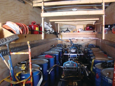Each box truck is outfitted the same with enough equipment and material to work twotor three weeks on the road.