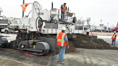 MCM used a a four-track S850 Guntert & Zimmerman slipform paver fitted with a Leica Geosystems stringless control package to place 298,000 square yards of concrete at the Dallas airport renovation project.