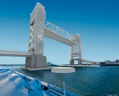 Rendering of the new Fore River Bridge shows it is a vertical lift moveable bridge that will allow for two lanes of traffic in each direction with 5-ft. bike lanes and 6.5-ft. sidewalks on each side.