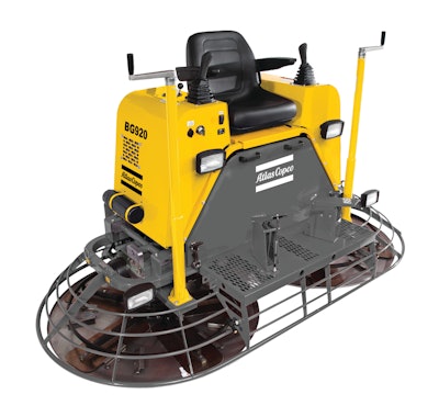 The BG920 is Atlas Copco's full-featured ride-on trowel, with Kubota diesel power, hydraulic steering and a multi-function gauge for displaying battery condition, oil and coolant levels.