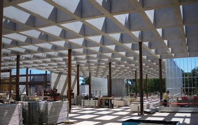 The concrete coffered ceiling at the St. Louis Art Museum was formed with more than 1,600 cubic yards of concrete poured in place to form a 48-inch-tall framework with 698 rectangular openings that let in light from above.