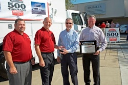 Pictured in photo: L-R, Mark Hernandez , Mt. Holly Plant Manager; Roger Nielsen, Chief Operating Officer, Daimler Trucks North America; Mike Allison, Director Fleet Acquisition, Design & Policy, Duke Energy; Ray Best, Director Northern Region Large Business Customer Group, Duke Energy