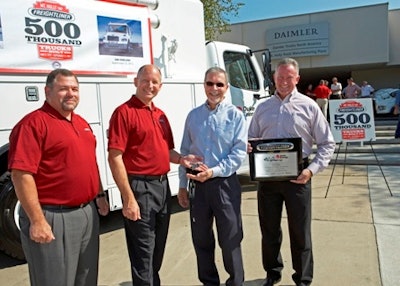 Pictured in photo: L-R, Mark Hernandez , Mt. Holly Plant Manager; Roger Nielsen, Chief Operating Officer, Daimler Trucks North America; Mike Allison, Director Fleet Acquisition, Design & Policy, Duke Energy; Ray Best, Director Northern Region Large Business Customer Group, Duke Energy