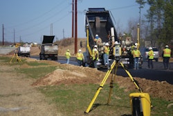 Since the project is fairly complex with Y-lines, frontage roads, and numerous exits and on-ramps, SPS930 Universal Total Stations are used to more-accurately measure position, cross slope, and heading of the screed to automatically handle the transitions, super-elevated curves, and frequently changing cross slopes.
