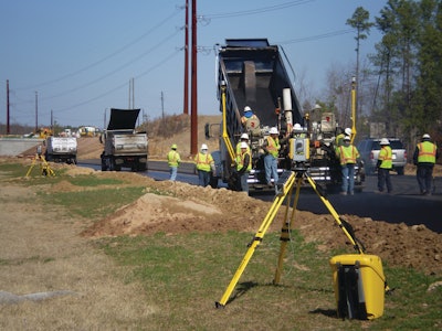 Since the project is fairly complex with Y-lines, frontage roads, and numerous exits and on-ramps, SPS930 Universal Total Stations are used to more-accurately measure position, cross slope, and heading of the screed to automatically handle the transitions, super-elevated curves, and frequently changing cross slopes.