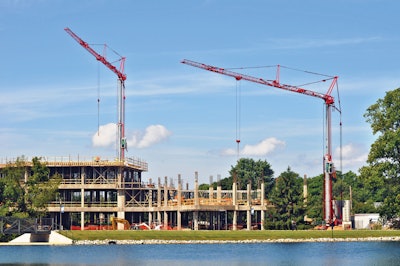 Two Potain self-erecting cranes replaced a conventional tower crane on this Cedarville University project. Self-erectors don’t need foundations or much land preparation, and were instrumental in beating a tight deadline.