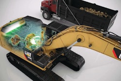 Instead of losing the kinetic energy when braking the upper structure, Caterpillar's 336E H hybrid excavator captures that energy in accumulators and re-uses it during swing acceleration.