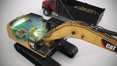Instead of losing the kinetic energy when braking the upper structure, Caterpillar's 336E H hybrid excavator captures that energy in accumulators and re-uses it during swing acceleration.