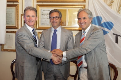 Topcon's Ray O'Connor was presented with a key to the City of Pompeii. From left: Ray O'Connor, TPS president and CEO; Claudio D'Alessio, mayor of Pompeii; Professor Carmine Gambardella, dean of faculty of architecture, Second University of Naples.