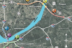 No. 5 on this Ohio River Bridges Project map shows the East End Crossing project landed by a joint venture of Vinci, Walsh, and Bilfinger Berger. The new $763-million bridge will connect Gene Snyder Freeway KY841 with the Lee Hamilton Highway IN265.