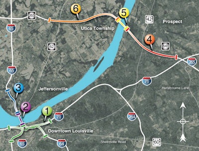 No. 5 on this Ohio River Bridges Project map shows the East End Crossing project landed by a joint venture of Vinci, Walsh, and Bilfinger Berger. The new $763-million bridge will connect Gene Snyder Freeway KY841 with the Lee Hamilton Highway IN265.