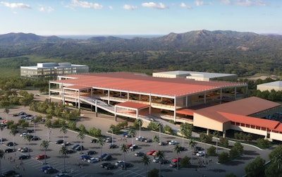 Rendering of the 520,000-square-foot Bob Hope Airport Regional Intermodal Transportation Center structure on the left, the customer service building and a portion of the 1,100 foot-long moving elevated walkway on the right.