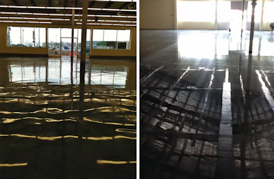FF and FL numbers will affect the final look of a polished floor. The floor on the left was finished to an FF 15/ FL 29 while the floor on the right was finished to an FF 57/FF 45. Note the wavy appearance of the reflections on the floor in the photo on the left and the sharp clarity of the reflection of the ceiling in the photo on the right.