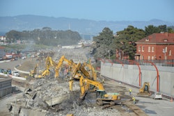 Six excavators were used on each stretch of roadway to demolish the old Doyle Drive in San Francisco within a 57 hour span.