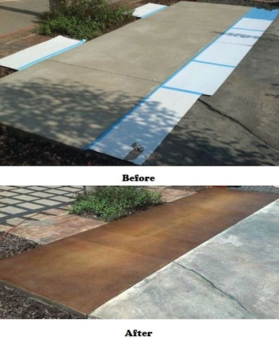 'Before and after' photos of a decorative concrete project.