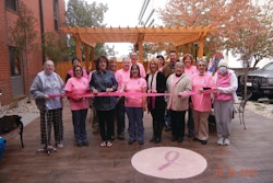 The American Cancer Society’s Hope Lodge in Kansas City, Mo., got a patio makeover thanks to time and materials donations from local contractors and suppliers. Volunteers stamped the integrally colored patio with a faux wood plank design and applied an antique finish. A circle of integrally colored pink concrete features a stenciled ribbon design.