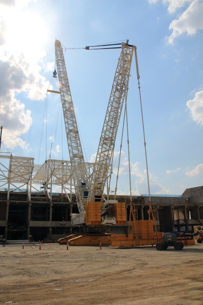 The Liebherr LR 11350 crawler crane has proven instrumental for heavy lifts on the Arena Corinthians World Cup soccer stadium in Sao Paulo.
