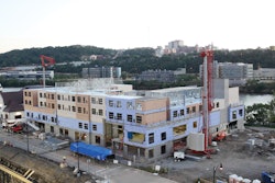 A Potain Igo 50 and a HDT 80 lifted 653 structural metal stud and interior load bearing panels to construct the newseven-story Hyatt hotel in Pittsburgh.