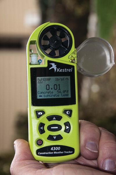 The Kestrel 4300 construction weather tracker measures ambient weather conditions and the temperature of concrete to compute surface crusting conditions using the nomograph formula.