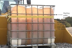 After 11 passes over a path covered with a few 2x4s, the radial tire loader went from around 900 liters of water in the bucket down to 740 liters.