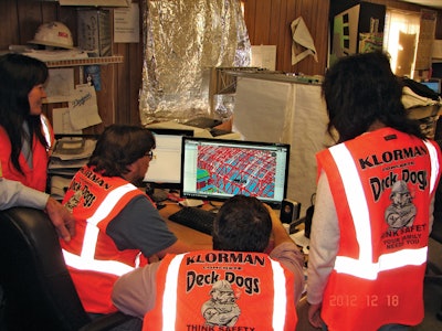 Klorman's on-site team at their LAX Tom Bradley International Terminal (TBIT) project is reviewing a confederated BIM using Tekla BIMsight. The staff from left to right are: Tonia Wong (Project Engineer), Gerald Glass (Quality Control Manager), Mark Fechtelkotter (Project Manager) and Olivia Uyehara (Project Engineer).